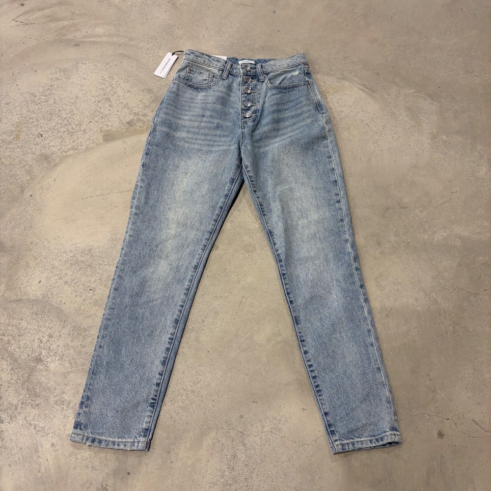 WeWoreWhat The Danielle Crystal Button High Rise Straight Jeans Rigid Indigo 26